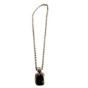 Vintage Sterling Silver Rolo Chain Necklace Black Onyx Pendant Snap Closure
